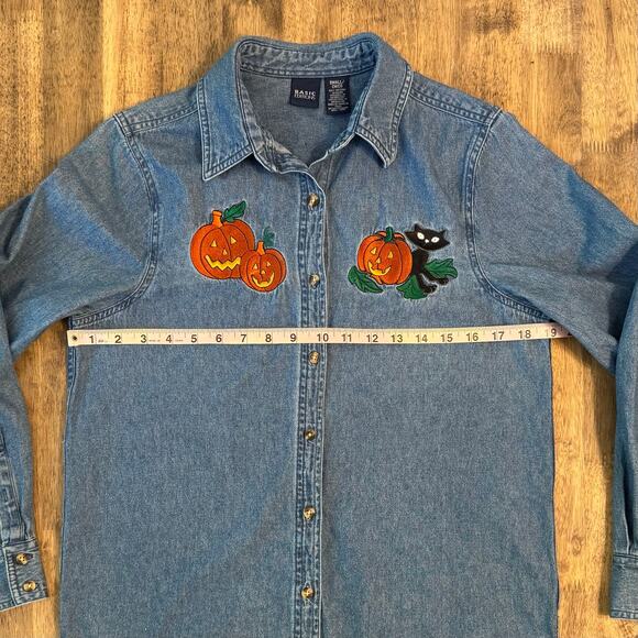Halloween VTG Denim Shirt Jack-O-Lanterns Black Cat Embroidered Unisex Small - Picture 7 of 10